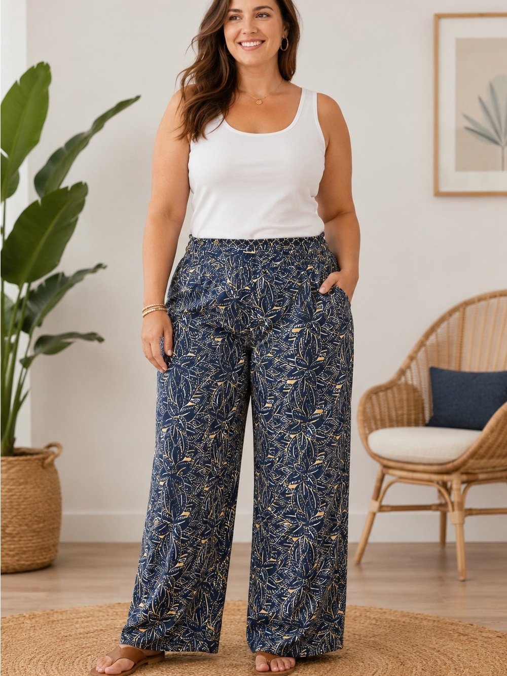 Vintage Womens Casual Tropical Floral Flowy Pants Sz Medium Blue N34